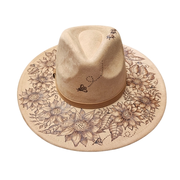 Hand Burned Wide Brim Fedora Hat Featuring Sunflowers, Bees, and Lady Bugs - Picture 8 of 8